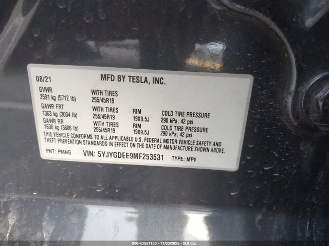 2021 TESLA MODEL Y 5YJYGDEE9MF253531 Photo 8