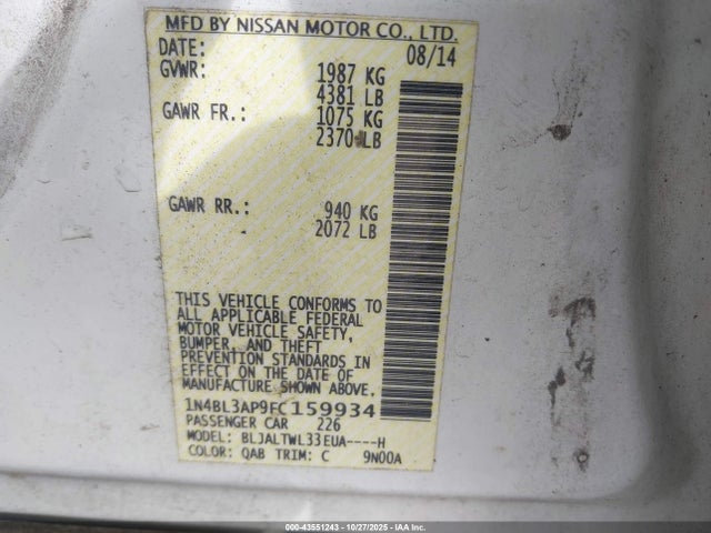 Aukcja sprzedaży 2015 Nissan Altima 3.5 Sl, vin: 1N4BL3AP9FC159934, numer aukcji: 43551243