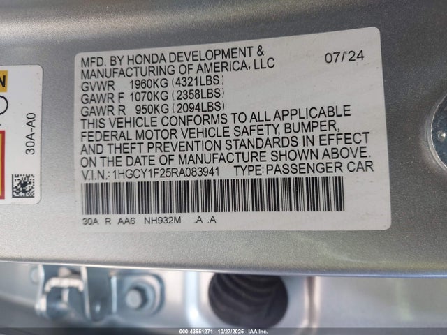 1HGCY1F25RA083941 Honda l15be