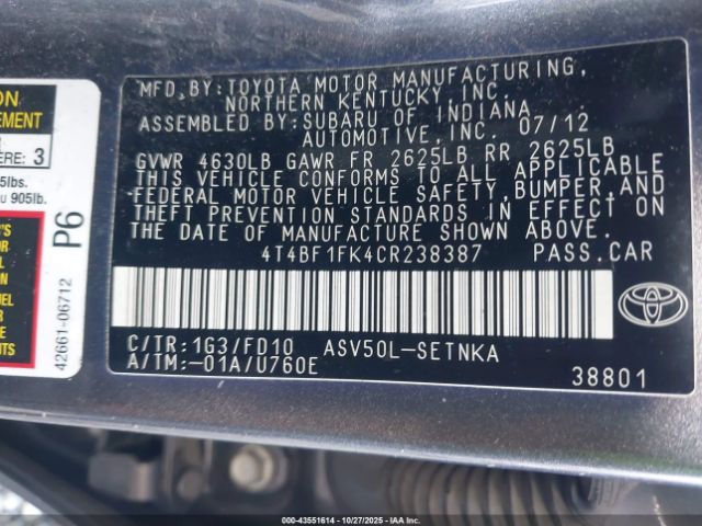 2012 TOYOTA CAMRY 4T4BF1FK4CR238387 Photo 8