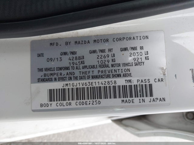 2014 Mazda Mazda6 I Touring მანქანა იყიდება აუქციონზე, vin: JM1GJ1V63E1142858, აუქციონის ნომერი: 43551981