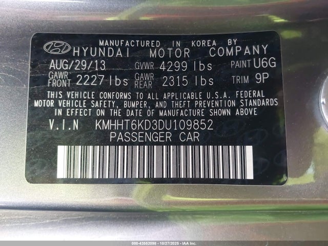 Aukcja sprzedaży 2013 Hyundai Genesis 2.0t R-spec, vin: KMHHT6KD3DU109852, numer aukcji: 43552098