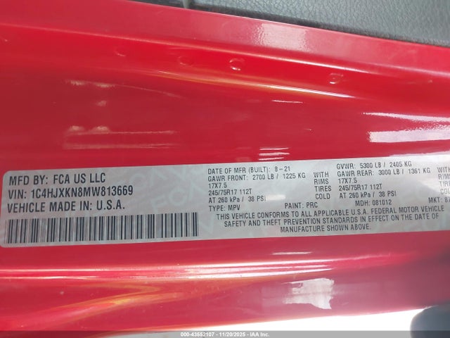 1C4HJXKN8MW813669 Jeep Wrangler Unlimited Sport Rhd 4x4