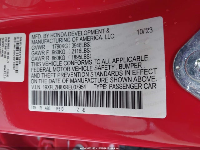 19XFL2H8XRE007954 Honda Civic Sport
