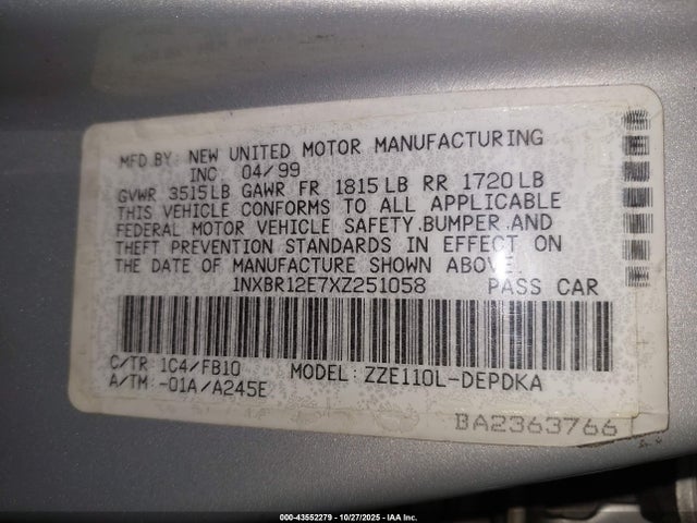 1999 TOYOTA COROLLA 1NXBR12E7XZ251058 Photo 8