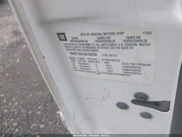Продажа на аукционе авто 2004 Gmc Envoy Xl Sle, vin: 1GKET16S746163750, номер лота: 43552794
