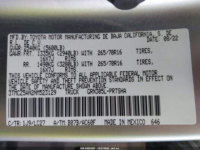 3TMCZ5AN2NM523129 Toyota Tacoma Trd Off Road