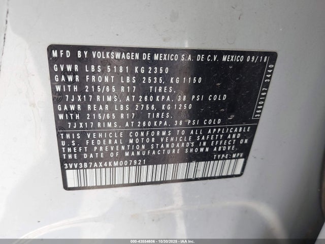 Продаж на аукціоні авто 2019 Volkswagen Tiguan 2.0t Se/2.0t Sel/2.0t Sel R-line/2.0t Sel R-line Black, vin: 3VV3B7AX4KM007921, номер лоту: 43554606