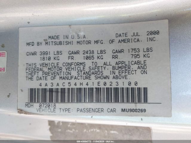 2001 MITSUBISHI ECLIPSE 4A3AC54H41E023100 Photo 8