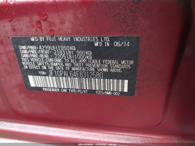 43554836 :رقم المزاد ، JF1GPAL64E8312580 vin ، 2014 Subaru Impreza 2.0i Sport Premium مزاد بيع