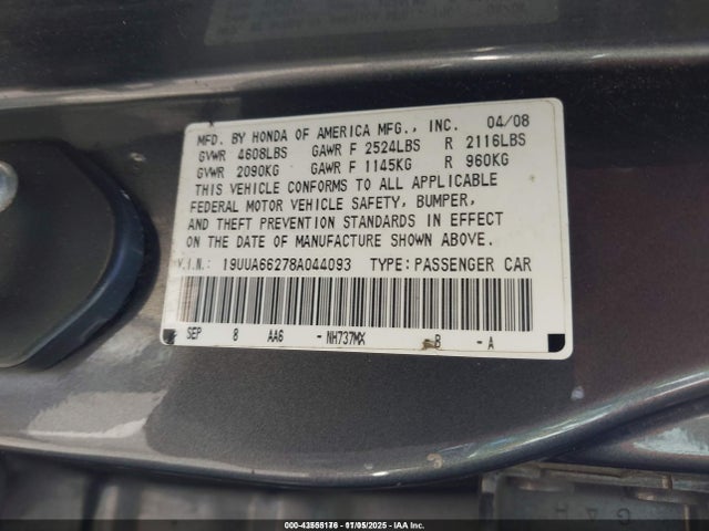 Aukcja sprzedaży 2008 Acura Tl 3.2, vin: 19UUA66278A044093, numer aukcji: 43555176