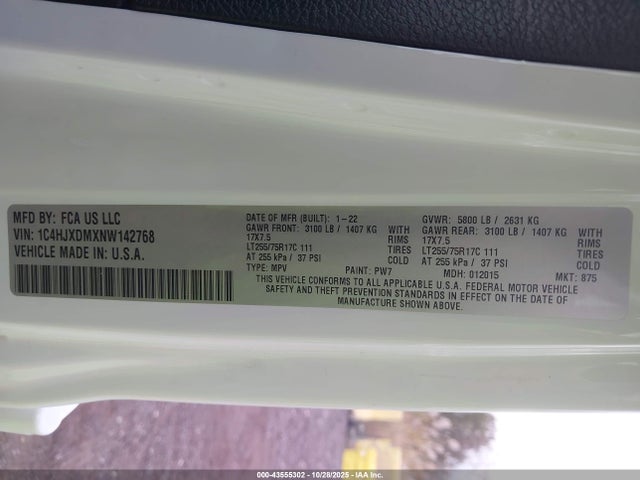 Продажа на аукционе авто 2022 Jeep Wrangler Unlimited Willys 4x4, vin: 1C4HJXDMXNW142768, номер лота: 43555302
