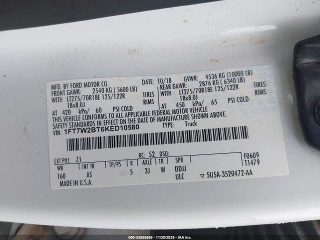 Продажа на аукционе авто 2019 Ford F-250 Xl, vin: 1FT7W2BT6KED10580, номер лота: 43555569
