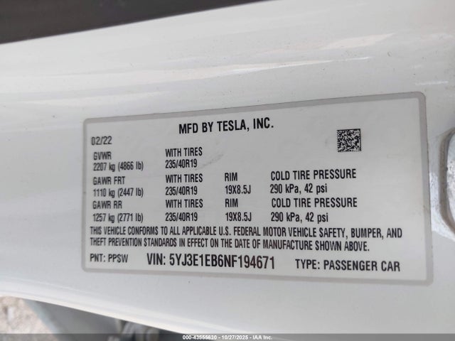 2022 TESLA MODEL 3 5YJ3E1EB6NF194671 Photo 8