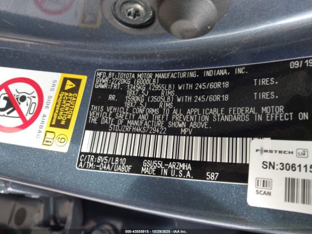 2019 TOYOTA HIGHLANDER 5TDJZRFH4KS729422 Photo 8