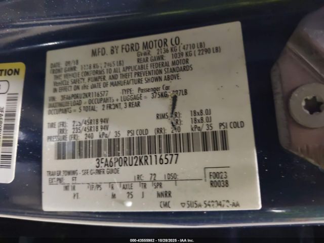2019 FORD FUSION HYBRID 3FA6P0RU2KR116577 Photo 8