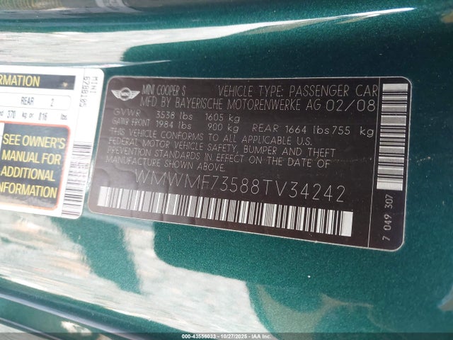 2008 MINI COOPER S WMWMF73588TV34242 Photo 8