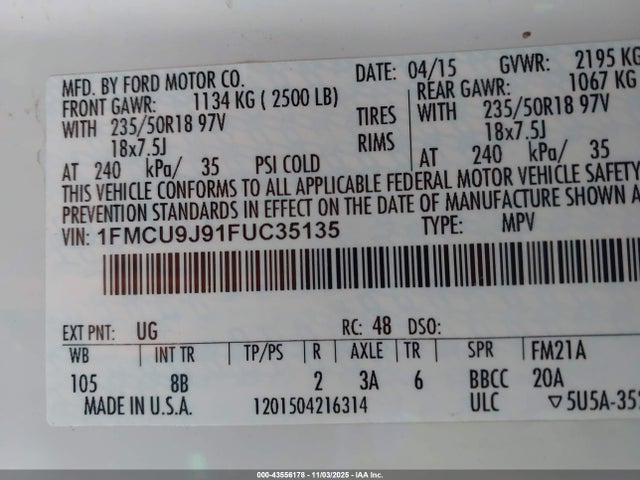 Aukcja sprzedaży 2015 Ford Escape Titanium, vin: 1FMCU9J91FUC35135, numer aukcji: 43556178