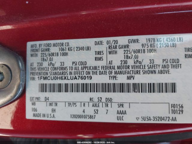 2020 FORD ESCAPE 1FMCU0H6XLUA76019 Photo 8