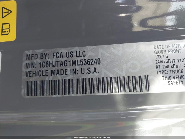 43556430 :رقم المزاد ، 1C6HJTAG1ML536240 vin ، 2021 Jeep Gladiator Sport S 4x4 مزاد بيع
