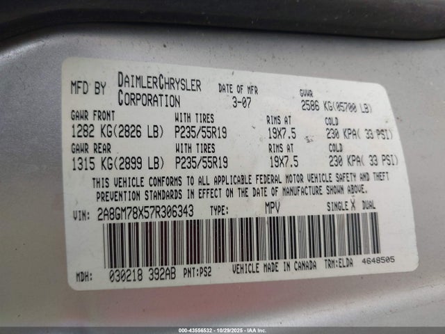 Продаж на аукціоні авто 2007 Chrysler Pacifica Limited, vin: 2A8GM78X57R306343, номер лоту: 43556532