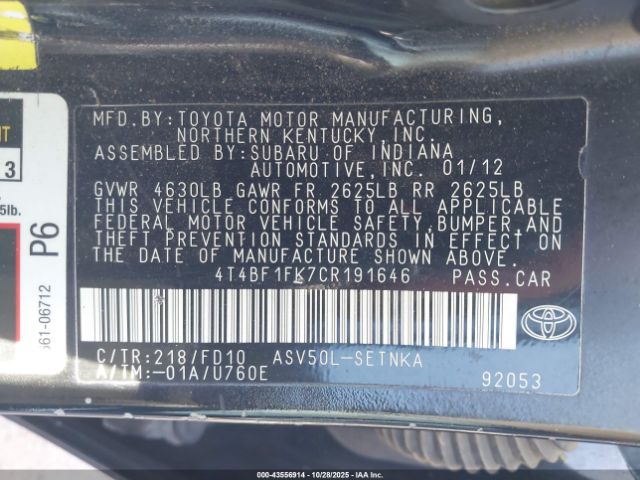 2012 TOYOTA CAMRY 4T4BF1FK7CR191646 Photo 8