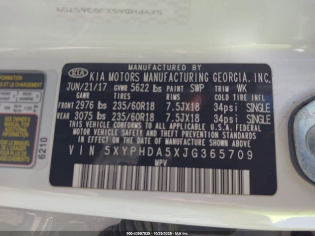 2018 KIA SORENTO 5XYPHDA5XJG365709 Photo 8