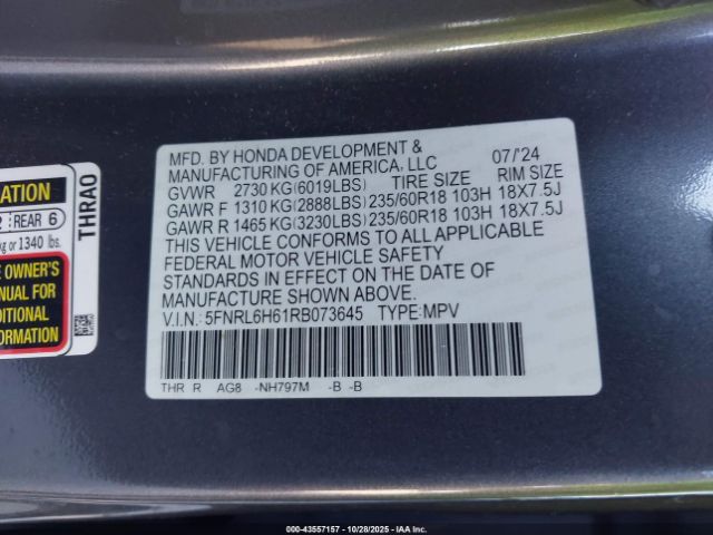 2024 HONDA ODYSSEY 5FNRL6H61RB073645 Photo 8