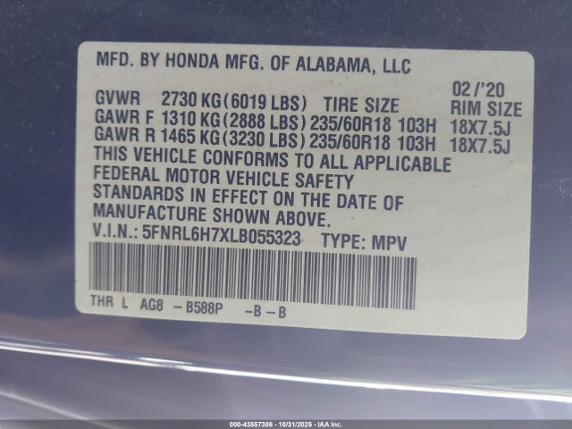5FNRL6H7XLB055323 Honda Odyssey