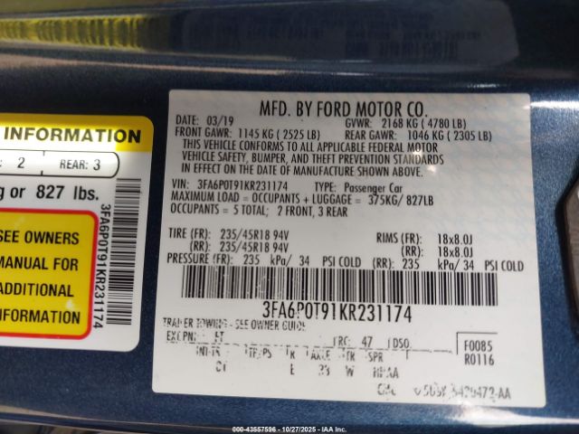 2019 FORD FUSION 3FA6P0T91KR231174 Photo 8