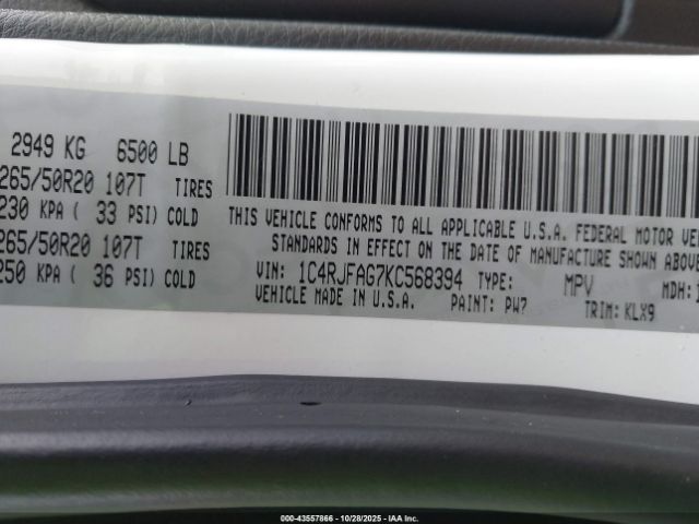 2019 JEEP GRAND CHEROKEE 1C4RJFAG7KC568394 Photo 8