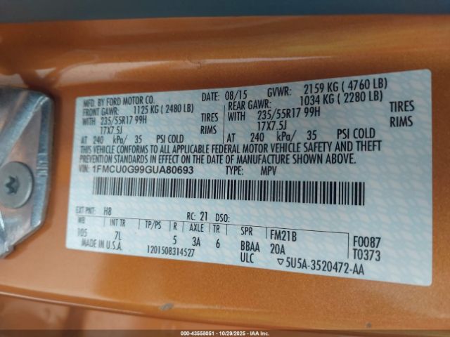 2016 FORD ESCAPE 1FMCU0G99GUA80693 Photo 8