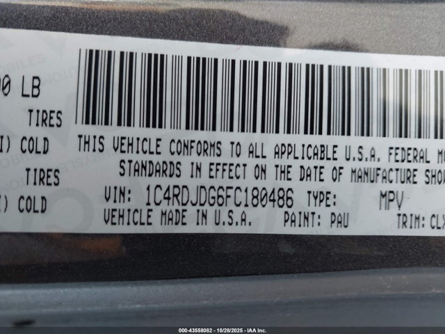 Aukcja sprzedaży 2015 Dodge Durango Limited, vin: 1C4RDJDG6FC180486, numer aukcji: 43558082
