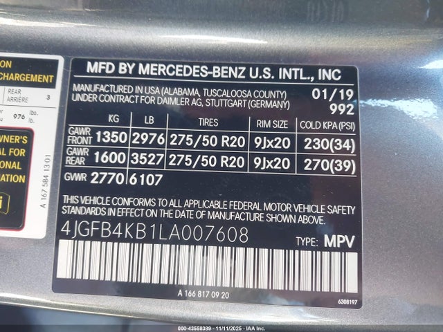 43558389 :رقم المزاد ، 4JGFB4KB1LA007608 vin ، 2020 Mercedes-benz Gle 350 4matic مزاد بيع