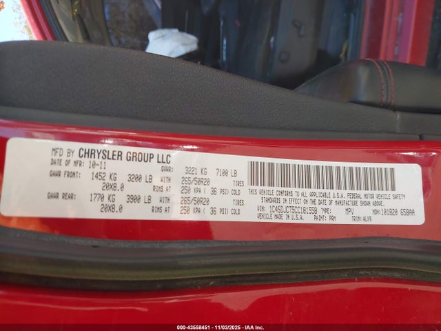43558451 :رقم المزاد ، 1C4SDJCT5CC181558 vin ، 2012 Dodge Durango R/t مزاد بيع