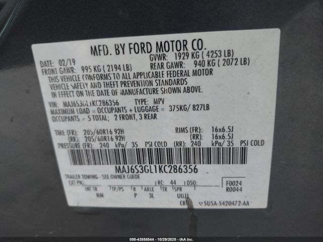 2019 FORD ECOSPORT MAJ6S3GL1KC286356 Photo 8