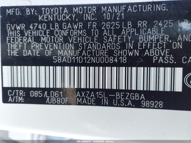 Продажа на аукционе авто 2022 Lexus Es 250, vin: 58AD11D12NU008418, номер лота: 43558737