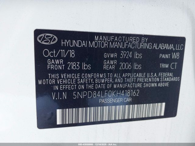 2019 HYUNDAI ELANTRA 5NPD84LF0KH418162 Photo 8