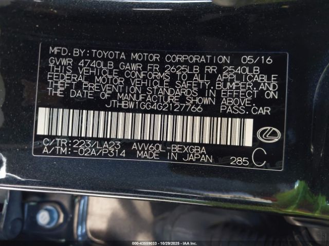 2016 LEXUS ES 300H JTHBW1GG4G2127766 Photo 8