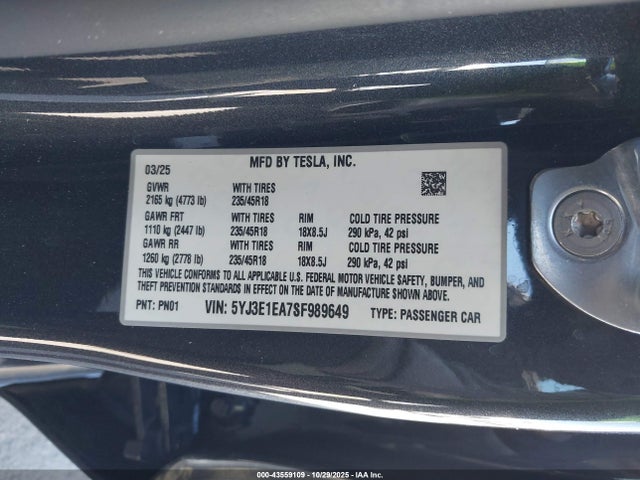 2025 TESLA MODEL 3 5YJ3E1EA7SF989649 Photo 8