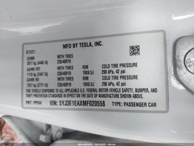 2021 TESLA MODEL 3 5YJ3E1EAXMF020558 Photo 8