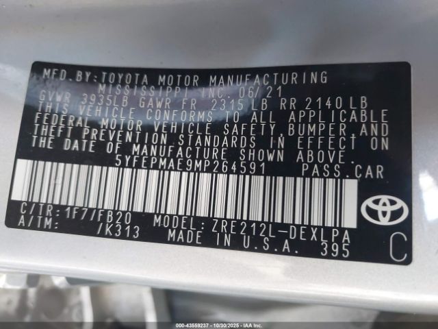 2021 TOYOTA COROLLA 5YFEPMAE9MP264591 Photo 8