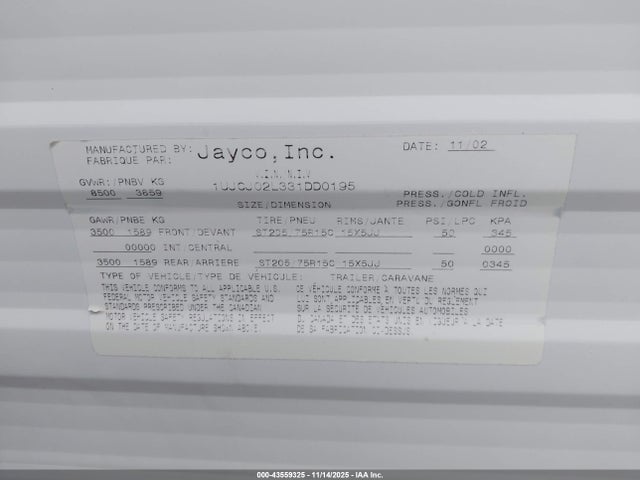 2003 Jayco Quest Series 253 D მანქანა იყიდება აუქციონზე, vin: 1UJCJ02L331DD0195, აუქციონის ნომერი: 43559325