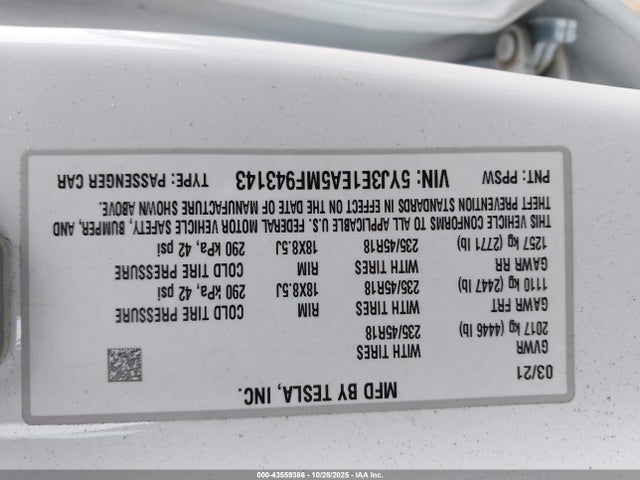 2021 TESLA MODEL 3 5YJ3E1EA5MF943143 Photo 8