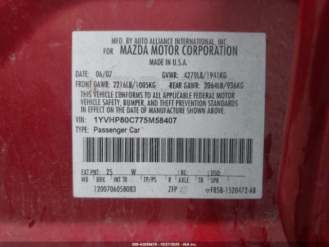 2007 MAZDA MAZDA6 1YVHP80C775M58407 Photo 8