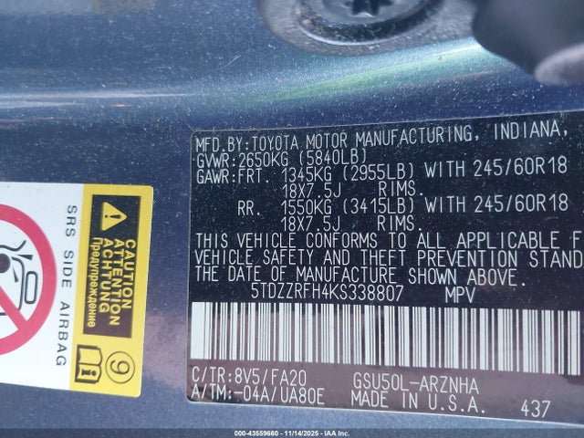 5TDZZRFH4KS338807 Toyota Highlander Le Plus