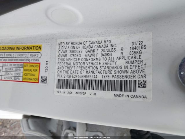 2022 HONDA CIVIC 2HGFE2F56NH566744 Photo 8