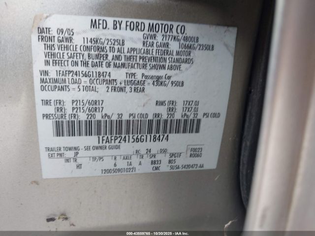 2006 FORD FIVE HUNDRED 1FAFP24156G118474 Photo 8