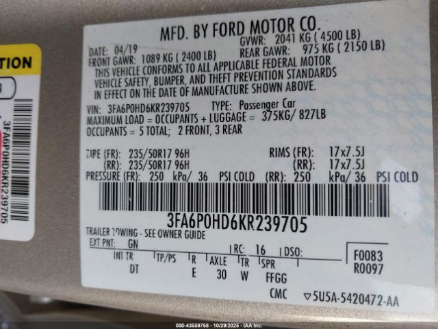 2019 FORD FUSION 3FA6P0HD6KR239705 Photo 8
