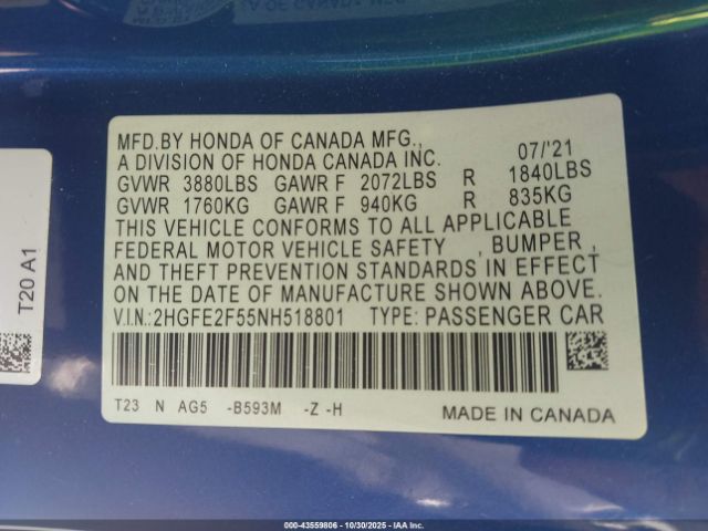 2022 HONDA CIVIC 2HGFE2F55NH518801 Photo 8